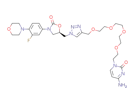 Molecular Structure of 1308299-15-1 ((R)-5-((4-(13-(4-amino-2-oxopyrimidin-1(2H)-yl)-2,5,8,11-tetraoxatridecyl)-1H-1,2,3-triazol-1-yl)methyl)-3-(3-fluoro-4-morpholinophenyl)oxazolidin-2-one)