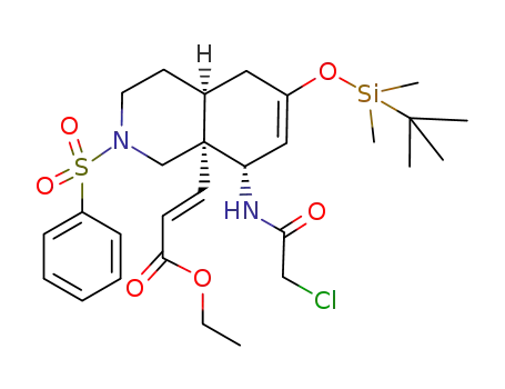 Molecular Structure of 929803-85-0 (3-[2-benzenesulfonyl-6-(<i>tert</i>-butyl-dimethyl-silanyloxy)-8-(2-chloro-acetylamino)-2,3,4,4a,5,8-hexahydro-1<i>H</i>-isoquinolin-8a-yl]-acrylic acid ethyl ester)