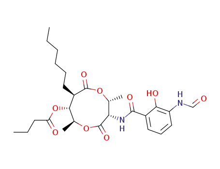Molecular Structure of 117552-77-9 (Butanoic acid,3-[[3-(formylamino)-2-hydroxybenzoyl]amino]-8-hexyl-2,6-dimethyl-4,9-dioxo-1,5-dioxonan-7-ylester, [2R-(2R*,3S*,6S*,7R*,8R*)]- (9CI))