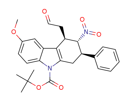 Molecular Structure of 1333429-92-7 ((2R,3R,4R)-tert-butyl 6-methoxy-3-nitro-4-(2-oxoethyl)-2-phenyl-3,4-dihydro-1H-carbazole-9(2H)-carboxylate)