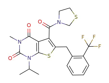 Molecular Structure of 925688-17-1 (1-isopropyl-3-methyl-5-(1,3-thiazolidin-3-ylcarbonyl)-6-[2-(trifluoromethyl)benzyl]thieno[2,3-d]pyrimidine-2,4(1H,3H)-dione)