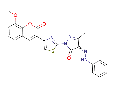 Molecular Structure of 1365671-32-4 (4-(2-phenylhydrazono)-1-(4-(8-methoxy-2-oxo-2H-chromen-3-yl)thiazol-2-yl)-3-methyl-1H-pyrazol-5(4H)-one)