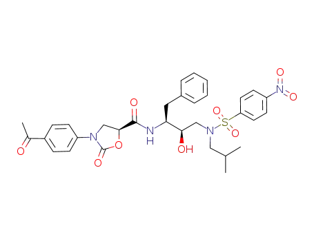 Molecular Structure of 919081-38-2 (3-(4-acetyl-phenyl)-2-oxo-oxazolidine-5-carboxylic acid {1-benzyl-2-hydroxy-3-[isobutyl-(4-nitro-benzenesulfonyl)-amino]-propyl}-amide)