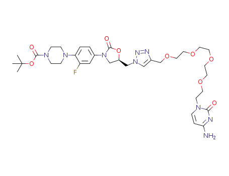 Molecular Structure of 1308299-16-2 ((R)-tert-butyl 4-(4-(5-((4-(13-(4-amino-2-oxopyrimidin-1(2H)-yl)-2,5,8,11-tetraoxatridecyl)-1H-1,2,3-triazol-1-yl)methyl)-2-oxooxazolidin-3-yl)-2-fluoro phenyl)piperazine-1-carboxylate)