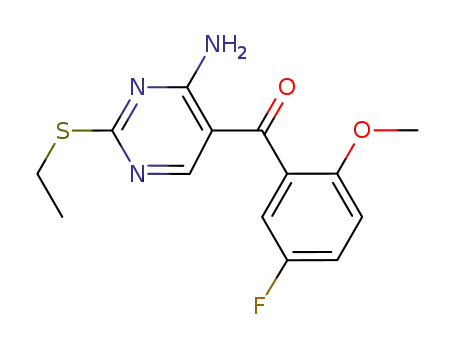Molecular Structure of 741712-82-3 (Methanone,
[4-amino-2-(ethylthio)-5-pyrimidinyl](5-fluoro-2-methoxyphenyl)-)