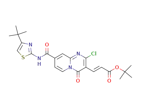 Molecular Structure of 881997-05-3 (2-Propenoic acid,
3-[2-chloro-8-[[[4-(1,1-dimethylethyl)-2-thiazolyl]amino]carbonyl]-4-oxo-4
H-pyrido[1,2-a]pyrimidin-3-yl]-, 1,1-dimethylethyl ester, (2E)-)
