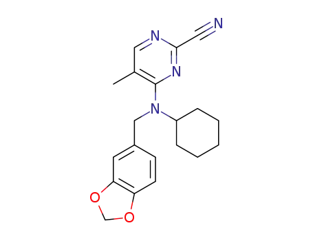 Molecular Structure of 1392426-77-5 (N-(1,3-benzodioxol-5-ylmethyl)-2-cyano-N-cyclohexyl-5-methyl-pyrimidin-4-amine)