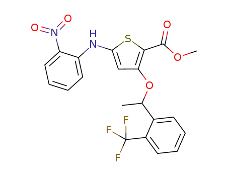 Molecular Structure of 1276687-31-0 (methyl (+/-)-5-(2-nitrophenylamino)-3-(1-(2-(trifluoromethyl)phenyl)ethoxy)thiophene-2-carboxylate)