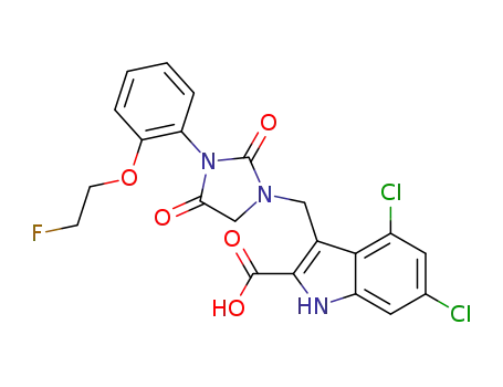 Molecular Structure of 1335465-88-7 (4,6-dichloro-3-((3-(2-(2-fluoroethoxy)phenyl)-2,4-dioxoimidazolidin-1-yl)methyl)-indole-2-carboxylic acid)