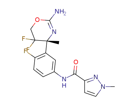 Molecular Structure of 1310348-70-9 (1-methyl-1H-pyrazole-3-carboxylic acid [3-((R)-2-amino-5,5-difluoro-4-methyl-5,6-dihydro-4H-[1,3]oxazin-4-yl)-4-fluoro-phenyl]-amide)