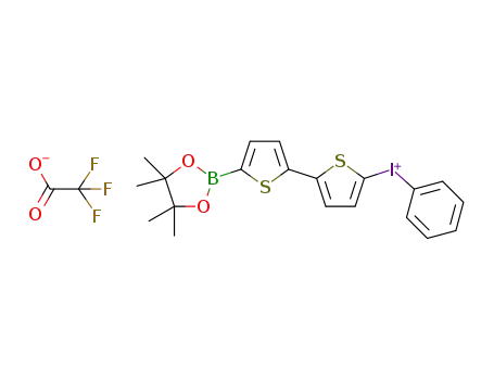 Molecular Structure of 1417418-27-9 (phenyl(5'-(4,4,5,5-tetramethyl-1,3,2-dioxaborolan-2-yl)-[2,2'-bithiophen]-5-yl)iodonium trifluoroacetate)