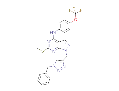 Molecular Structure of 1583285-05-5 (1-((1-benzyl-1H-1,2,3-triazol-4-yl)methyl)-6-(methylthio)-N-(4-(trifluoromethoxy)phenyl)-1H-pyrazolo[3,4-d]pyrimidin-4-amine)