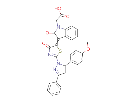 Molecular Structure of 1402658-55-2 ((3-{2-[5-(4-methoxyphenyl)-3-phenyl-4,5-dihydropyrazol-1-yl]-4-oxo-4,5-dihydro-1,3-thiazol-5-ylidene}-2-oxo-2,3-dihydroindol-1-yl)acetic acid)