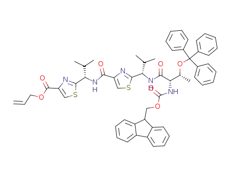 Molecular Structure of 668489-46-1 (2-{(S)-1-[(2-{(S)-1-[(2S,3R)-2-(9H-Fluoren-9-ylmethoxycarbonylamino)-3-trityloxy-butyrylamino]-2-methyl-propyl}-thiazole-4-carbonyl)-amino]-2-methyl-propyl}-thiazole-4-carboxylic acid allyl ester)