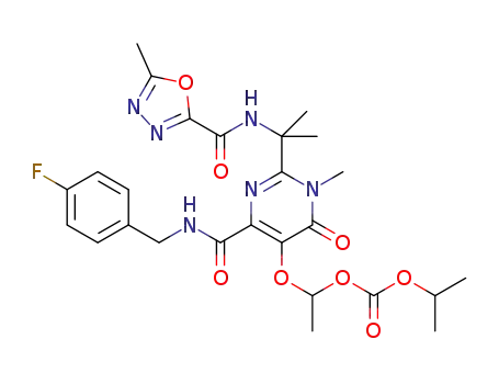 Molecular Structure of 1538603-91-6 (1-((4-((4-fluorobenzyl)carbamoyl)-1-methyl-2-(2-(5-methyl-1,3,4-oxadiazole-2-carboxamido)propan-2-yl)-6-oxo-1,6-dihydropyrimidin-5-yl)oxy)ethyl isopropyl carbonate)
