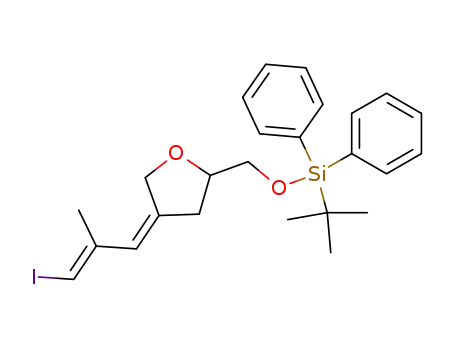 Molecular Structure of 861454-73-1 (tert-butyl-[4-(3-iodo-2-methyl-allylidene)-tetrahydro-furan-2-ylmethoxy]-dipehnyl-silane)