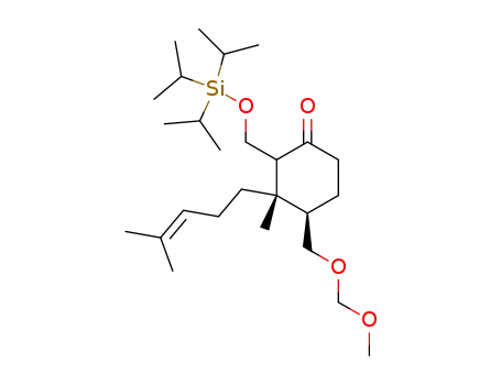 Molecular Structure of 802622-28-2 (Cyclohexanone,
4-[(methoxymethoxy)methyl]-3-methyl-3-(4-methyl-3-pentenyl)-2-[[[tris(1-
methylethyl)silyl]oxy]methyl]-, (3S,4R)-)