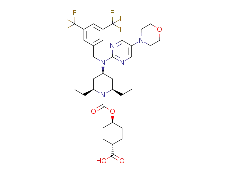 Molecular Structure of 1148129-43-4 ((1r,4r)-4-(((2R,4r,6S)-4-((3,5-bis(trifluoromethyl)benzyl)(5-morpholinopyrimidin-2-yl)amino)-2,6-diethylpiperidine-1-carbonyl)-oxy)cyclohexane-1-carboxylic acid)