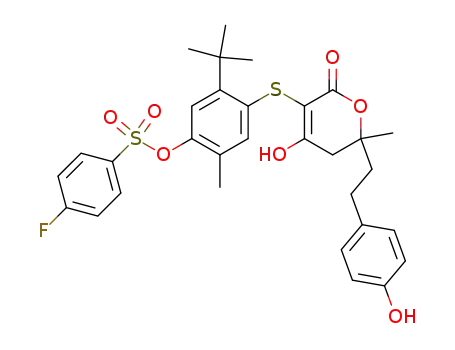 Molecular Structure of 263842-90-6 (5-tert-butyl-4-({6-hydroxy-2-[2-(4-hydroxyphenyl)ethyl]-2-methyl-4-oxo-3,4-dihydro-2H-pyran-5-yl}sulfanyl)-2-methylphenyl 4-fluorobenzenesulfonate)
