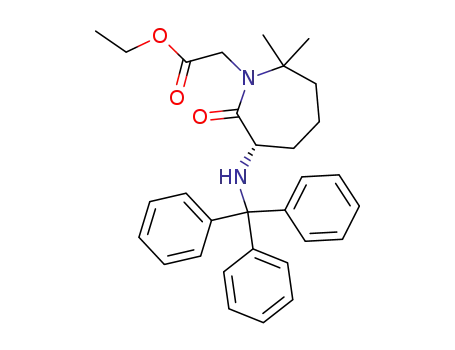 Molecular Structure of 182886-84-6 ((S)-Hexahydro-6-[(triphenylmethyl)amino]-2,2-dimethyl-7-oxo-1H-azepine-1-acetic acid, ethyl ester)