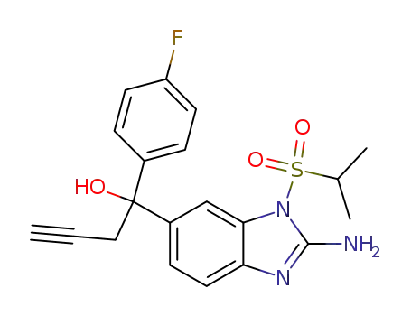 Molecular Structure of 1026173-27-2 (1-[2-Amino-3-(propane-2-sulfonyl)-3H-benzoimidazol-5-yl]-1-(4-fluoro-phenyl)-but-3-yn-1-ol)