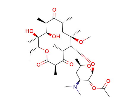 Molecular Structure of 143353-82-6 (Acetic acid (2S,3R,4S,6R)-4-dimethylamino-2-((3R,5R,6R,7R,9R,11R,12R,13S,14R)-14-ethyl-12,13-dihydroxy-7-methoxy-3,5,7,9,11,13-hexamethyl-2,4,10-trioxo-oxacyclotetradec-6-yloxy)-6-methyl-tetrahydro-pyran-3-yl ester)