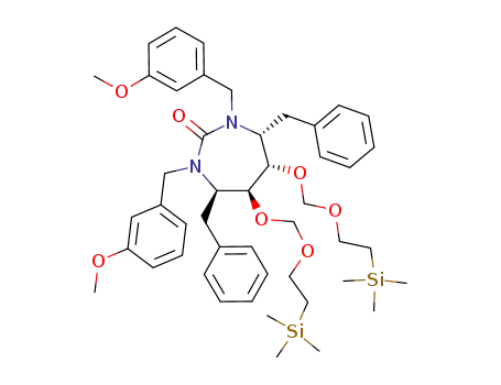 Molecular Structure of 1054650-85-9 ((4R,5S,6S,7R)-4,7-Dibenzyl-1,3-bis-(3-methoxy-benzyl)-5,6-bis-(2-trimethylsilanyl-ethoxymethoxy)-[1,3]diazepan-2-one)