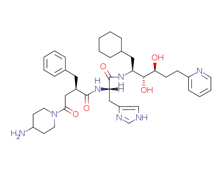 Molecular Structure of 135683-92-0 (Nalpha-[4-(4-aminopiperidin-1-yl)-2-benzyl-4-oxobutanoyl]-N-[(3R,4S)-1-cyclohexyl-3,4-dihydroxy-6-(pyridin-2-yl)hexan-2-yl]-L-histidinamide acetate (1:1))