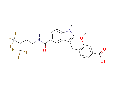 Molecular Structure of 1026689-32-6 (3-Methoxy-4-[1-methyl-5-(4,4,4-trifluoro-3-trifluoromethyl-butylcarbamoyl)-1H-indol-3-ylmethyl]-benzoic acid)