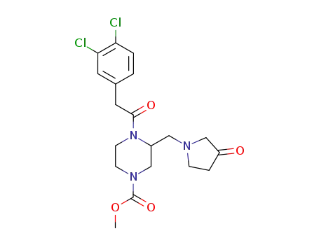 Molecular Structure of 133407-24-6 (4-[2-(3,4-Dichloro-phenyl)-acetyl]-3-(3-oxo-pyrrolidin-1-ylmethyl)-piperazine-1-carboxylic acid methyl ester)