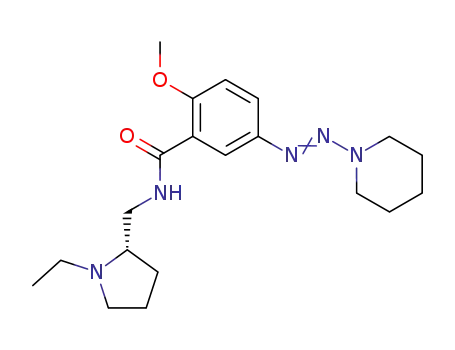 Molecular Structure of 115860-79-2 (Benzamide,
N-[(1-ethyl-2-pyrrolidinyl)methyl]-2-methoxy-5-(1-piperidinylazo)-, (S)-)