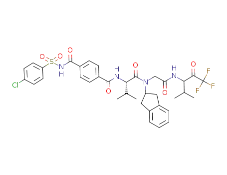 Molecular Structure of 129585-37-1 (N-((4-((((4-chlorophenyl)sulfonyl)amino)carbonyl)phenyl)oxomethyl)-valyl-N-(2,3-dihydro-1H-inden-2-yl)glycine N-(3-(1,1,1-trifluoro-4-methyl-2-oxopentyl))amide)