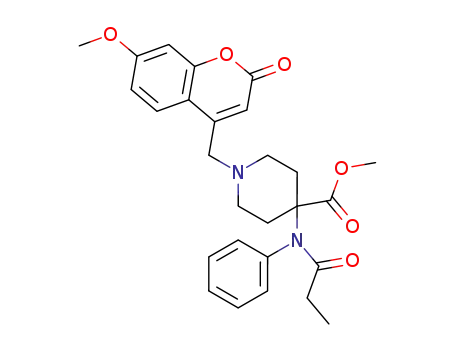 Molecular Structure of 131728-87-5 (N-(phenyl)-N-[1-(7-methoxy-2-oxo-2H-benzopyran-4-yl(methyl))-4-methoxycarbonyl-4-piperidinyl]-propanamide)