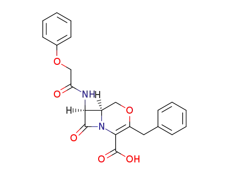 Molecular Structure of 62282-43-3 (4-Oxa-1-azabicyclo[4.2.0]oct-2-ene-2-carboxylic acid,
8-oxo-7-[(phenoxyacetyl)amino]-3-(phenylmethyl)-, trans-)