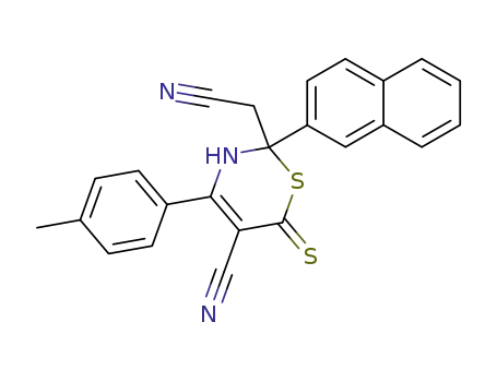 Molecular Structure of 94775-41-4 (2H-1,3-Thiazine-2-acetonitrile,
5-cyano-3,6-dihydro-4-(4-methylphenyl)-2-(2-naphthalenyl)-6-thioxo-)