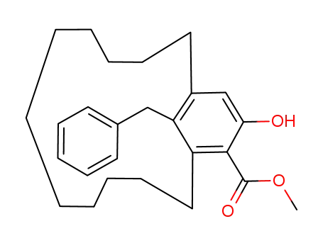 Molecular Structure of 94294-21-0 (Bicyclo[11.3.1]heptadeca-1(17),13,15-triene-14-carboxylic acid,
15-hydroxy-17-(phenylmethyl)-, methyl ester)