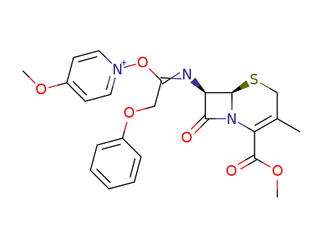 Molecular Structure of 84819-56-7 (4-Methoxy-1-[N-((6R,7R)-2-methoxycarbonyl-3-methyl-8-oxo-5-thia-1-aza-bicyclo[4.2.0]oct-2-en-7-yl)-2-phenoxy-acetimidoyloxy]-pyridinium)