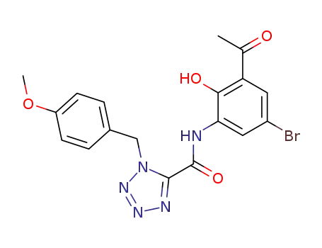 Molecular Structure of 70977-97-8 (1-(4-methoxy-benzyl)-1<i>H</i>-tetrazole-5-carboxylic acid 3-acetyl-5-bromo-2-hydroxy-anilide)