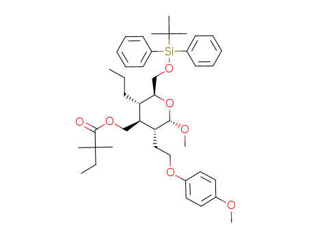 Molecular Structure of 157117-13-0 (2,2-Dimethyl-butyric acid (2S,3S,4S,5R,6S)-2-(tert-butyl-diphenyl-silanyloxymethyl)-6-methoxy-5-[2-(4-methoxy-phenoxy)-ethyl]-3-propyl-tetrahydro-pyran-4-ylmethyl ester)