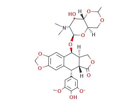 Molecular Structure of 105655-99-0 ((5R-(5alpha,5abeta,8aalpha,9beta))-9-((2-Deoxy-2-(dimethylamino)-4,6-O-ethylidene-beta-D-glucopyranosyl)oxy)-5,8,8a,9-tetrahydro-5-(4-hydroxy-3,5-dimethoxyphenyl)furo[3',4':6,7]naphtho[2,3-d]-1,3-dioxol-6(5aH)-one)
