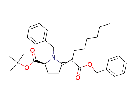 Molecular Structure of 95513-16-9 (L-Proline, 5-[1-[(phenylmethoxy)carbonyl]heptylidene]-1-(phenylmethyl)-,
1,1-dimethylethyl ester, (E)-)