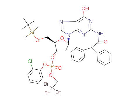 Molecular Structure of 80817-55-6 (Phosphoric acid (2R,3S,5R)-2-(tert-butyl-dimethyl-silanyloxymethyl)-5-(2-diphenylacetylamino-6-hydroxy-purin-9-yl)-tetrahydro-furan-3-yl ester 2-chloro-phenyl ester 2,2,2-tribromo-ethyl ester)
