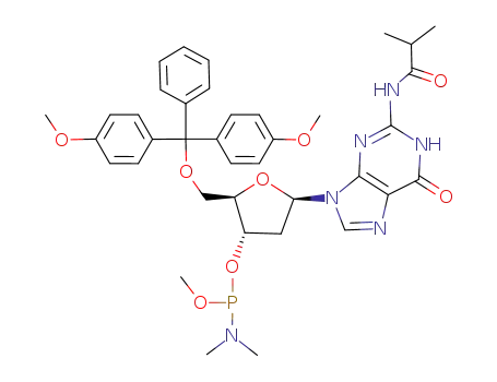 Molecular Structure of 78635-94-6 (Dimethyl-phosphoramidous acid (2R,3S,5R)-2-[bis-(4-methoxy-phenyl)-phenyl-methoxymethyl]-5-(2-isobutyrylamino-6-oxo-1,6-dihydro-purin-9-yl)-tetrahydro-furan-3-yl ester methyl ester)
