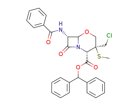 Molecular Structure of 83262-19-5 (diphenylmethyl 7α-benzoylamino-3β-methylthio-3α-chloromethyl-1-oxacepham-4α-carboxylate)