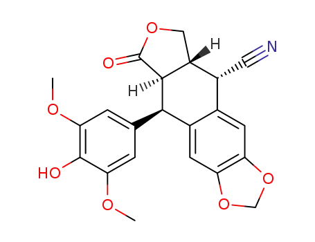 Molecular Structure of 290371-79-8 ((5S,5aR,8aR,9R)-9-(4-Hydroxy-3,5-dimethoxy-phenyl)-8-oxo-5,5a,6,8,8a,9-hexahydro-furo[3',4':6,7]naphtho[2,3-d][1,3]dioxole-5-carbonitrile)