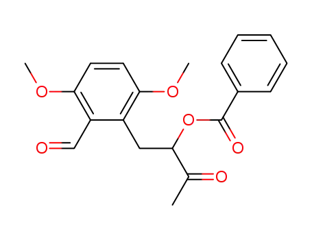 Molecular Structure of 151734-60-0 (Benzoic acid 1-(2-formyl-3,6-dimethoxy-benzyl)-2-oxo-propyl ester)