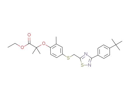 Molecular Structure of 851224-99-2 (Propanoic acid,
2-[4-[[[3-[4-(1,1-dimethylethyl)phenyl]-1,2,4-thiadiazol-5-yl]methyl]thio]-2-
methylphenoxy]-2-methyl-, ethyl ester)