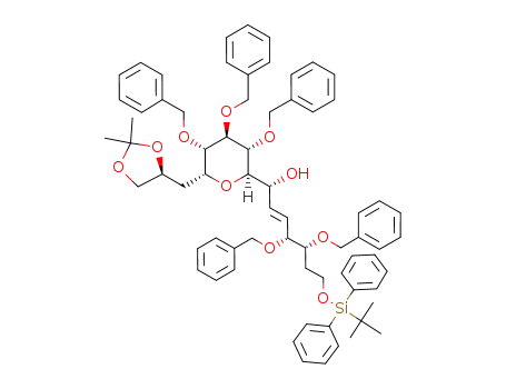 Molecular Structure of 103793-65-3 ((E)-(1R,4R,5R)-4,5-Bis-benzyloxy-7-(tert-butyl-diphenyl-silanyloxy)-1-[(2R,3S,4R,5S,6R)-3,4,5-tris-benzyloxy-6-((S)-2,2-dimethyl-[1,3]dioxolan-4-ylmethyl)-tetrahydro-pyran-2-yl]-hept-2-en-1-ol)