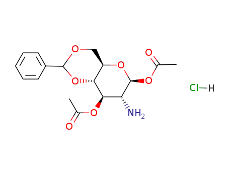 Molecular Structure of 85065-28-7 (1,3-di-O-acetyl-2-amino-4,6-O-benzylidene-2-deoxy-β-D-glucopyranose hydrochloride)