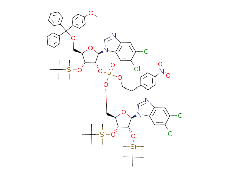 Molecular Structure of 137016-74-1 (1-(3-O-tert-butyldimethylsilyl-5-O-p-methoxytrityl-β-D-ribofuranosyl)-5,6-dichlorobenzimidazolyl-(2'-<O<sup>P</sup>-<2-(4-nitrophenyl)ethyl>>->5')-5,6-dichloro 1-(2,3-di-O-tert-butyldimethylsilyl-β-D-ribofuranosyl)benzimidazole)